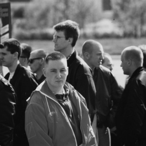 Der Neonazi und VS-Spitzel André Zimmermann bei einer NPD-Demonstration am 1. Mai 1996 in Berlin.
