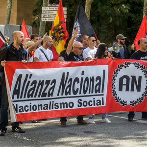  Die etwa 400 Teilnehmenden des Neonazi-Aufmarsches, die sich aus den Gruppen DN, Democracia Nacional Joven, AN, Division Europa, La Falange, Frente x España und NPE zusammensetzen, verteilten sich auf der Demonstration in vier fast gleich große Blöcke, was nicht nur der Sichtbarmachung der einzelnen Gruppen diente, sondern in erster Linie Produkt interner Streitigkeiten ist.