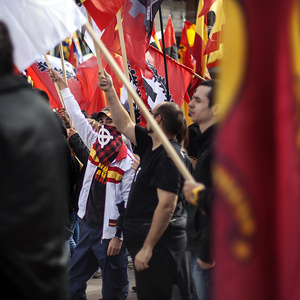 Alt- und Neofranquisten bei ihrer alljährlichen Kundgebung am 12. Oktober 2013 auf dem Berg Montjuic in Barcelona.