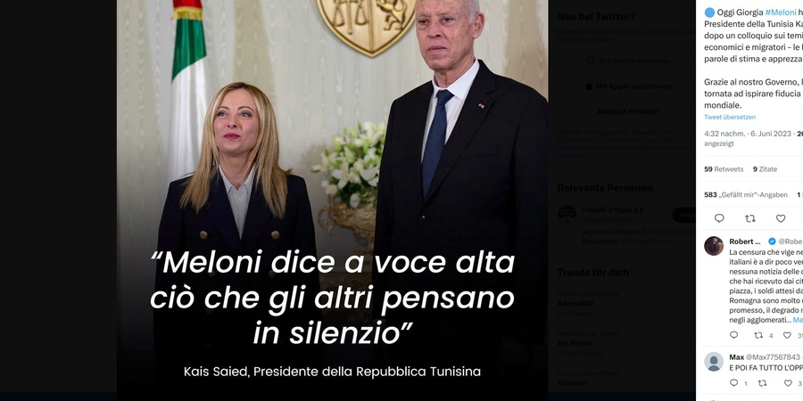 Foto: Ministerpräsidentin Giorgia Meloni (Italien) und Präsident Kai Saied (Tunesien) am 6. Juni 2023 in Tunis.